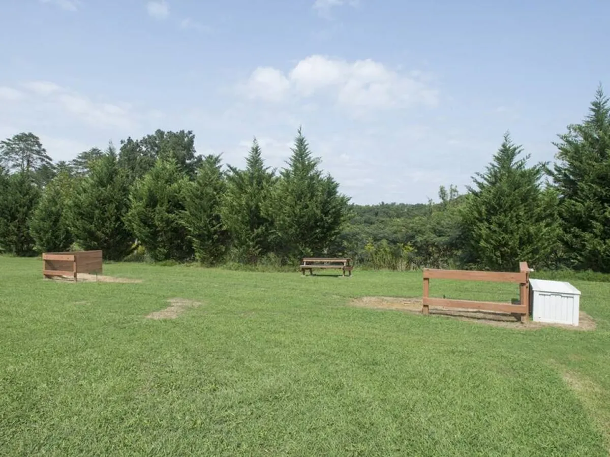 A tranquil exterior setting with benches surrounded by lush green grass and mature trees, set against a soft, distant view. The area feels secluded and peaceful, suggesting an ideal spot for couples to relax outdoors, watch the sunrise or sunset, or connect over quiet conversation.